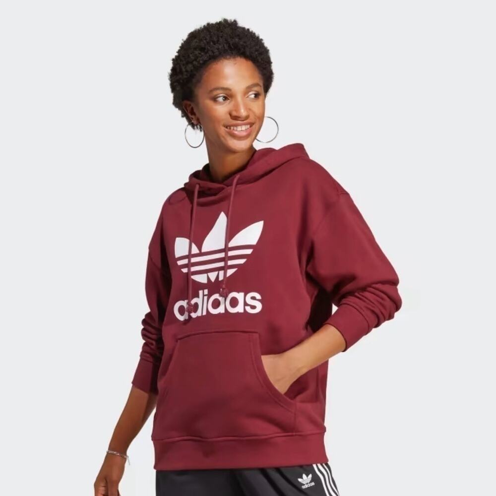 Adidas Trefoil Hoodie with Kangaroo Pocket, Shadow Red, Size XS - Picture 3 of 16